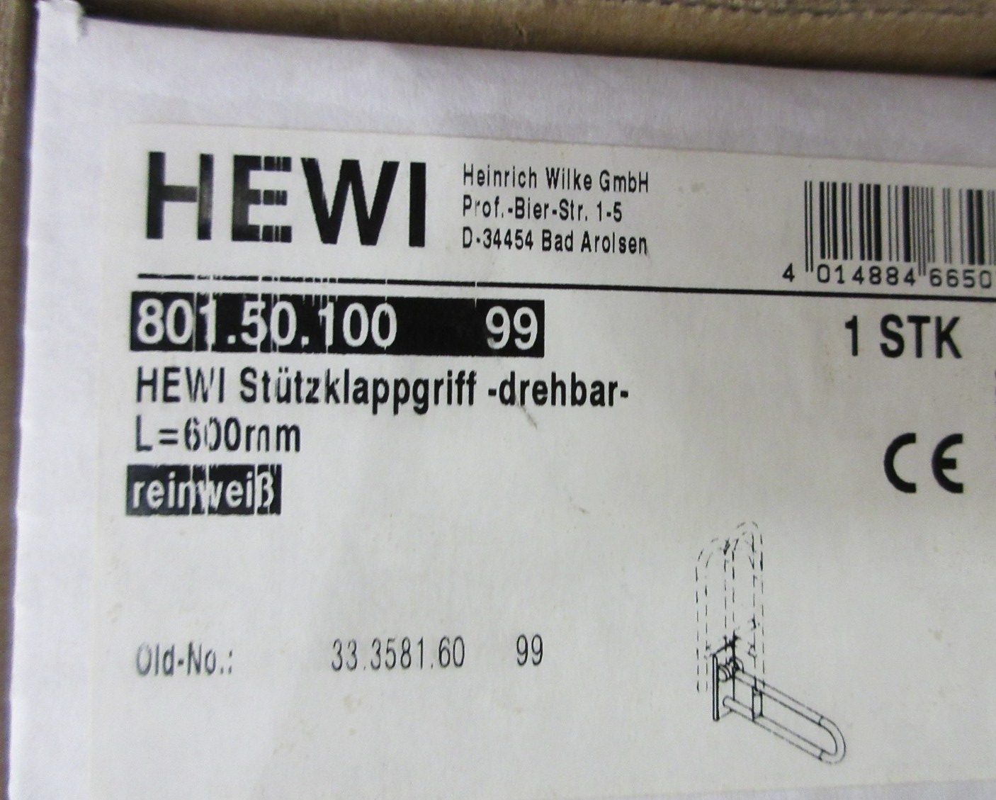 HEWI 801.50.100-99 Stützklappgriff Weiß drehbar/klappbar 600 mm
