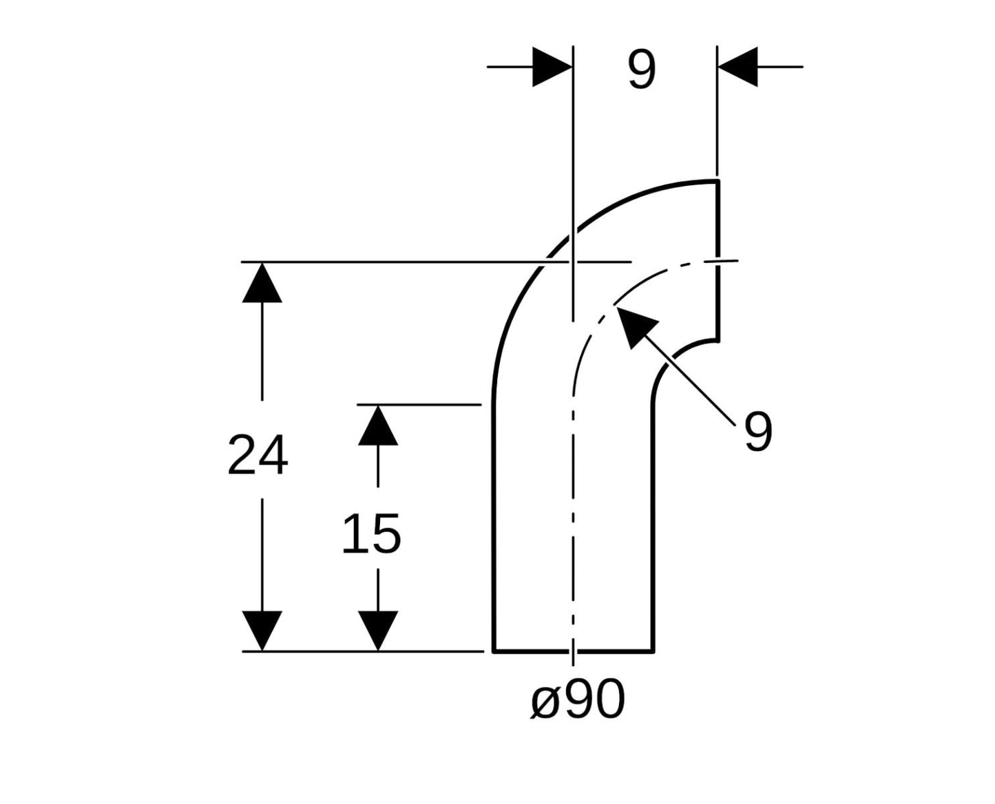 Geberit PE Bogen DN 90, 90Grad, mit langem Schenkel 366.055.16.1.1