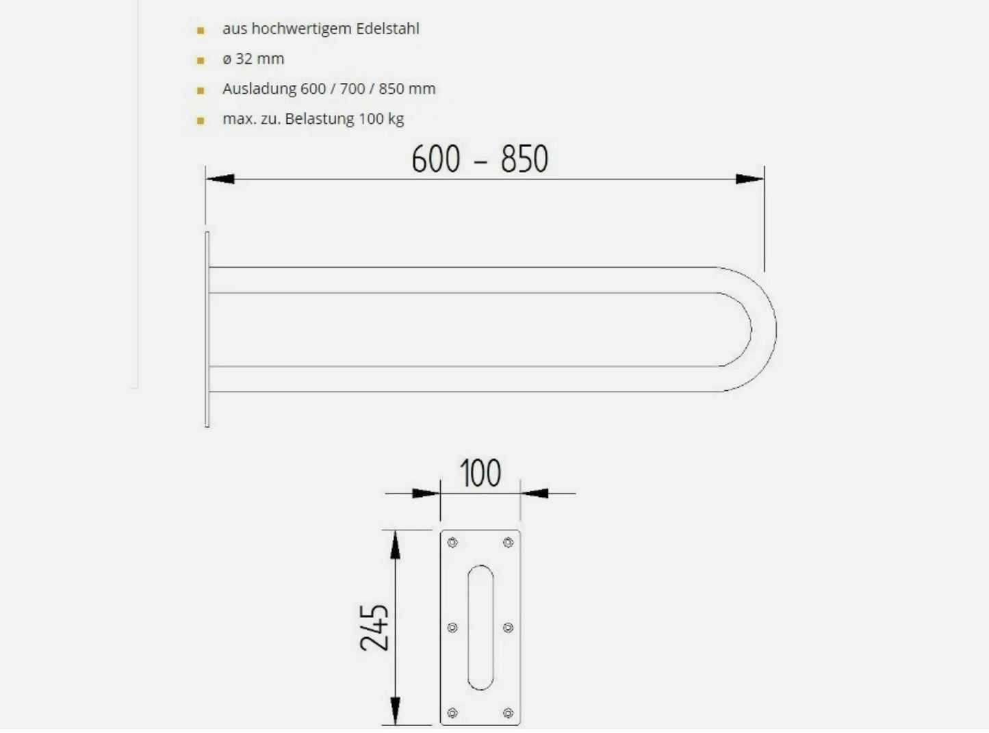 Lehnen Stützgriff Edelstahl 850 mm Poliert4