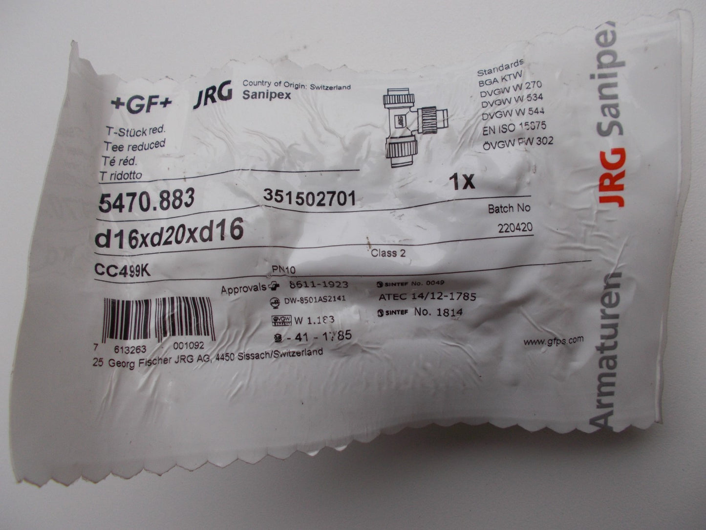 JRG Sanipex T-Stück mit Klemmverbindern, 5470.883 16 x 20 x16 mm0