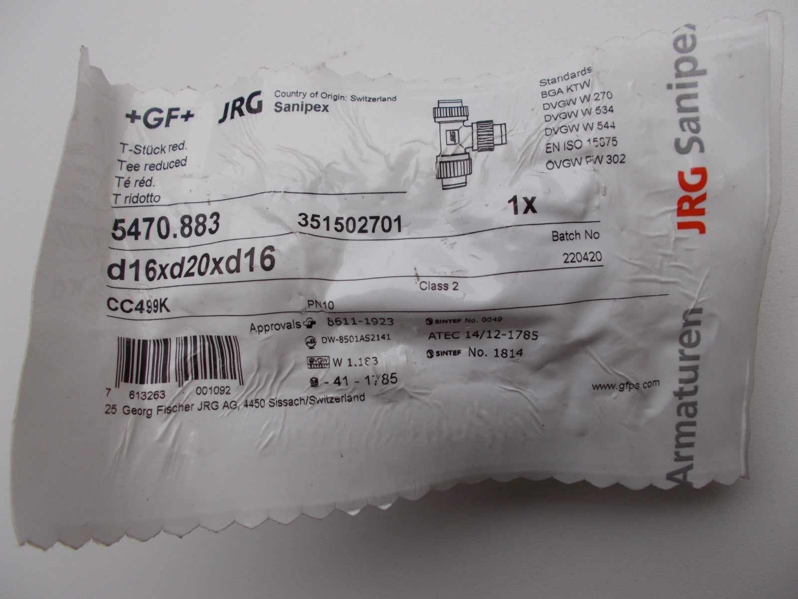JRG Sanipex T-Stück mit Klemmverbindern, 5470.883 16 x 20 x16 mm0