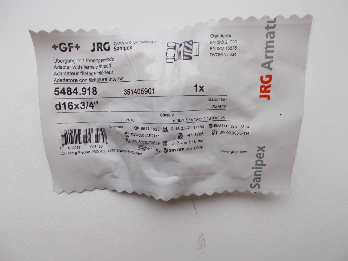 JRG Sanipex Übergang, Innengewinde (R 3/4) x 16 mm 5484.9180