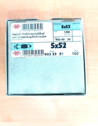 WÜRTH Metall-Hohlraumdübel mit Linsenkopfschraube 5x52   100 Stück0