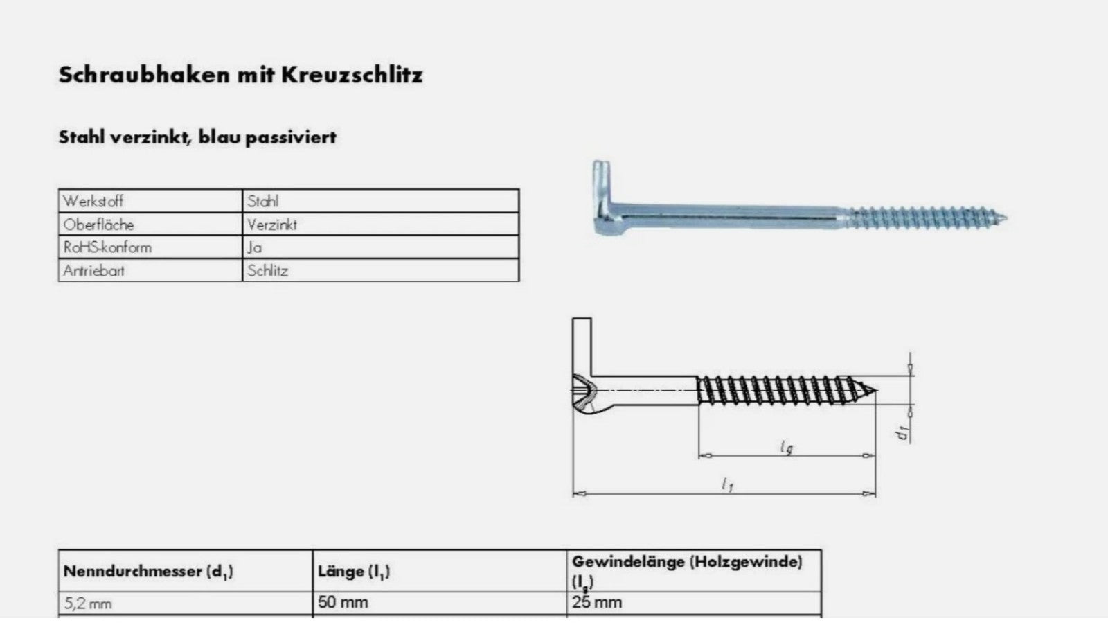 Schraubhaken Hakenschraube L-Haken verz Stahl PH 2 Holzgewinde H 5,2 x 50 mm1