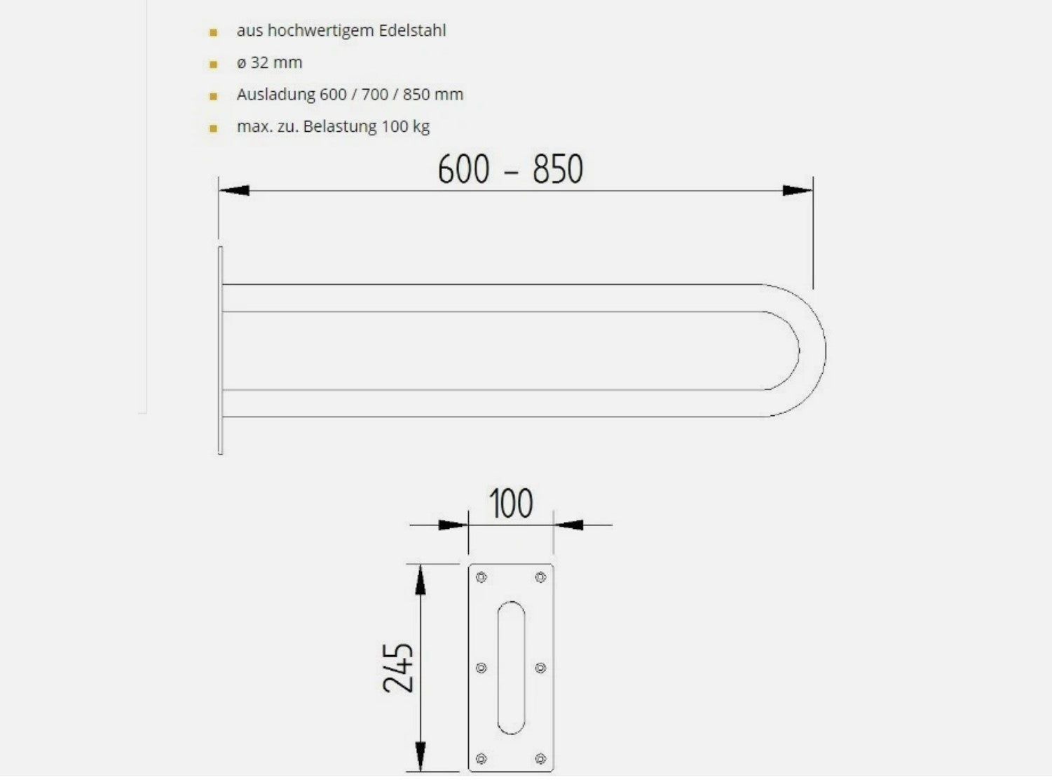 Lehnen Stützgriff Edelstahl 850 mm Poliert4