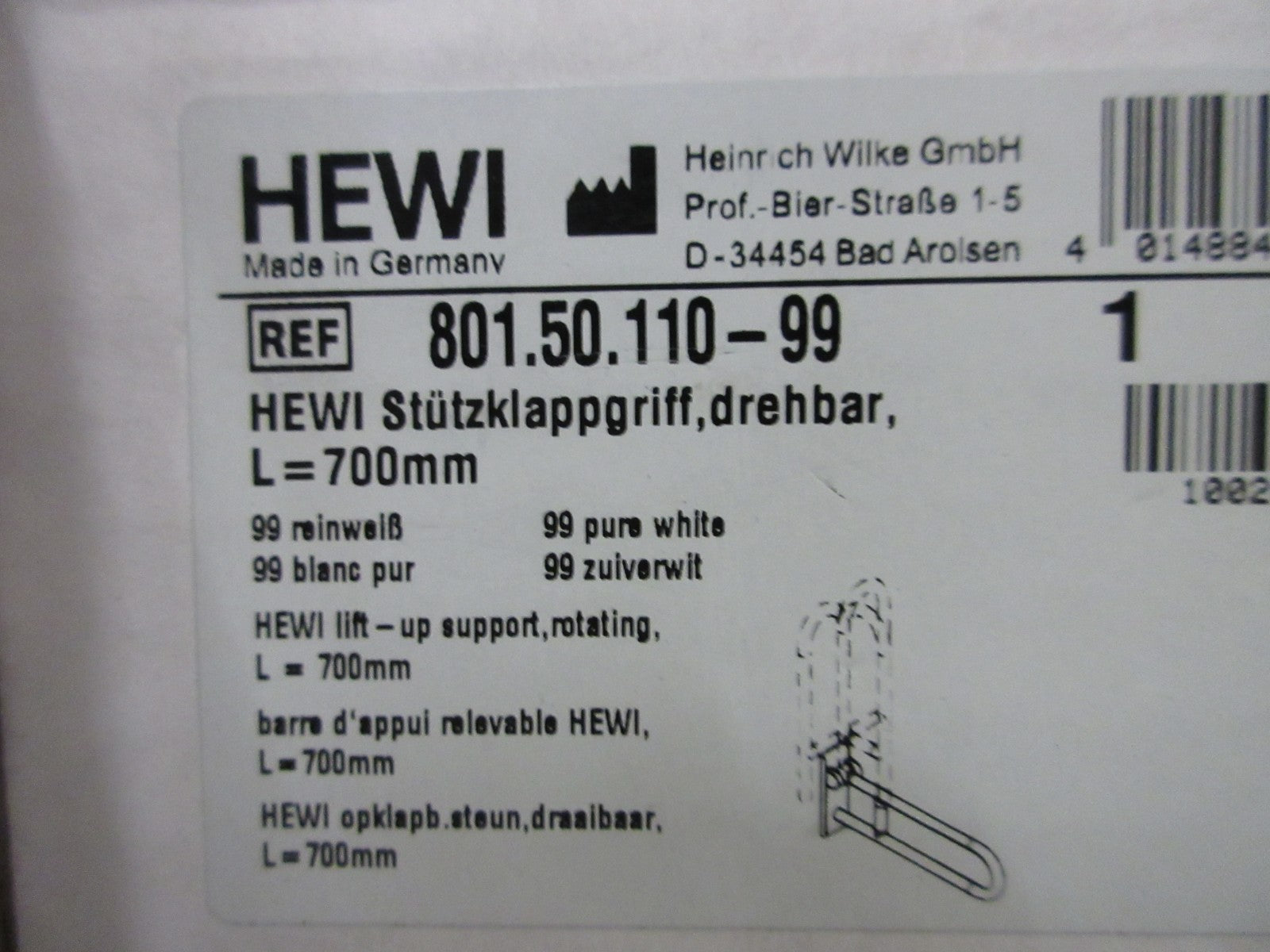 HEWI 801.50.110 99 Stützklappgriff Weiß drehbar/klappbar 700 mm2