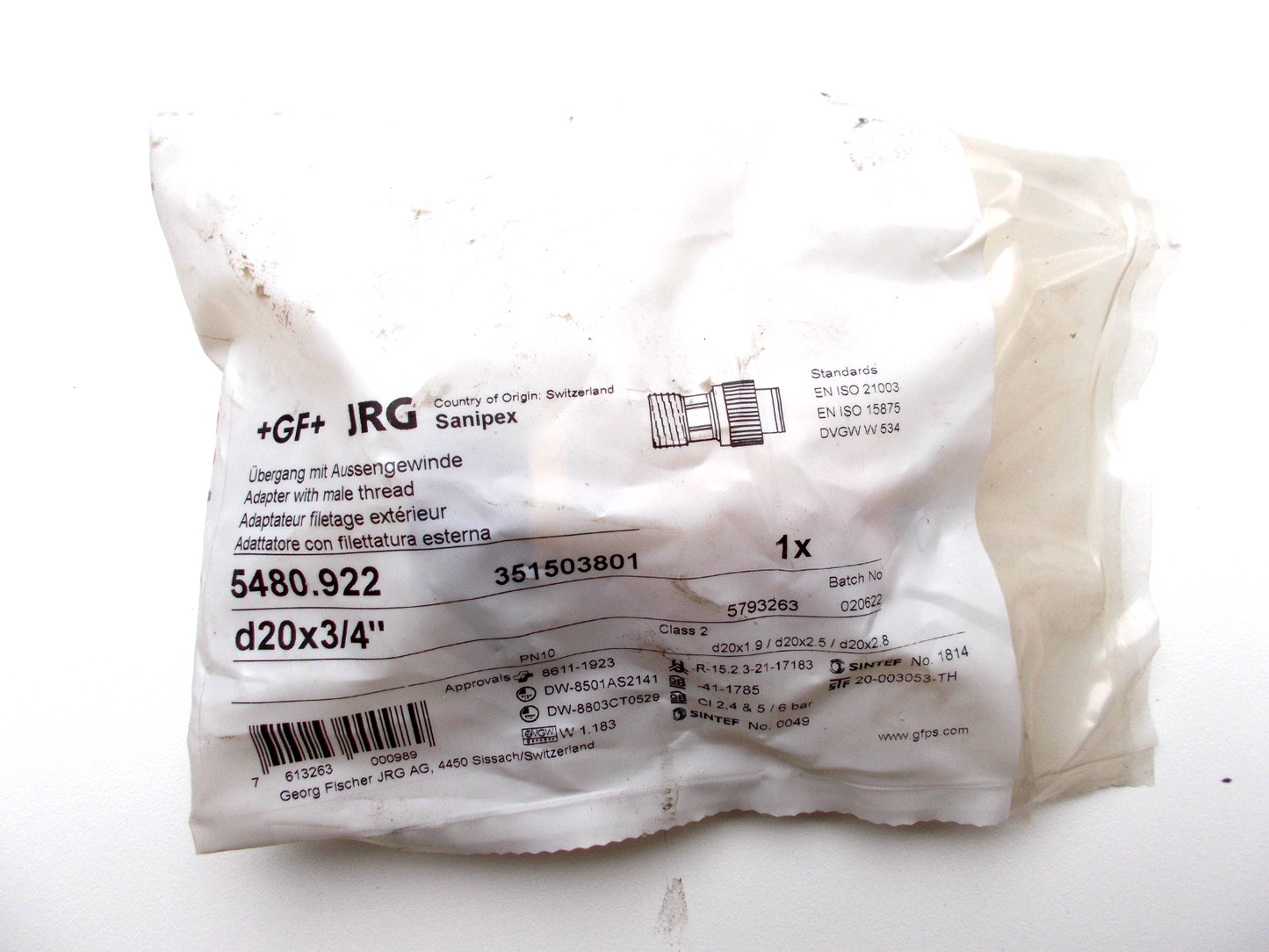 JRG Sanipex Übergang 5480.922 mit Außengewinde 3/4" AG x 20 mm2